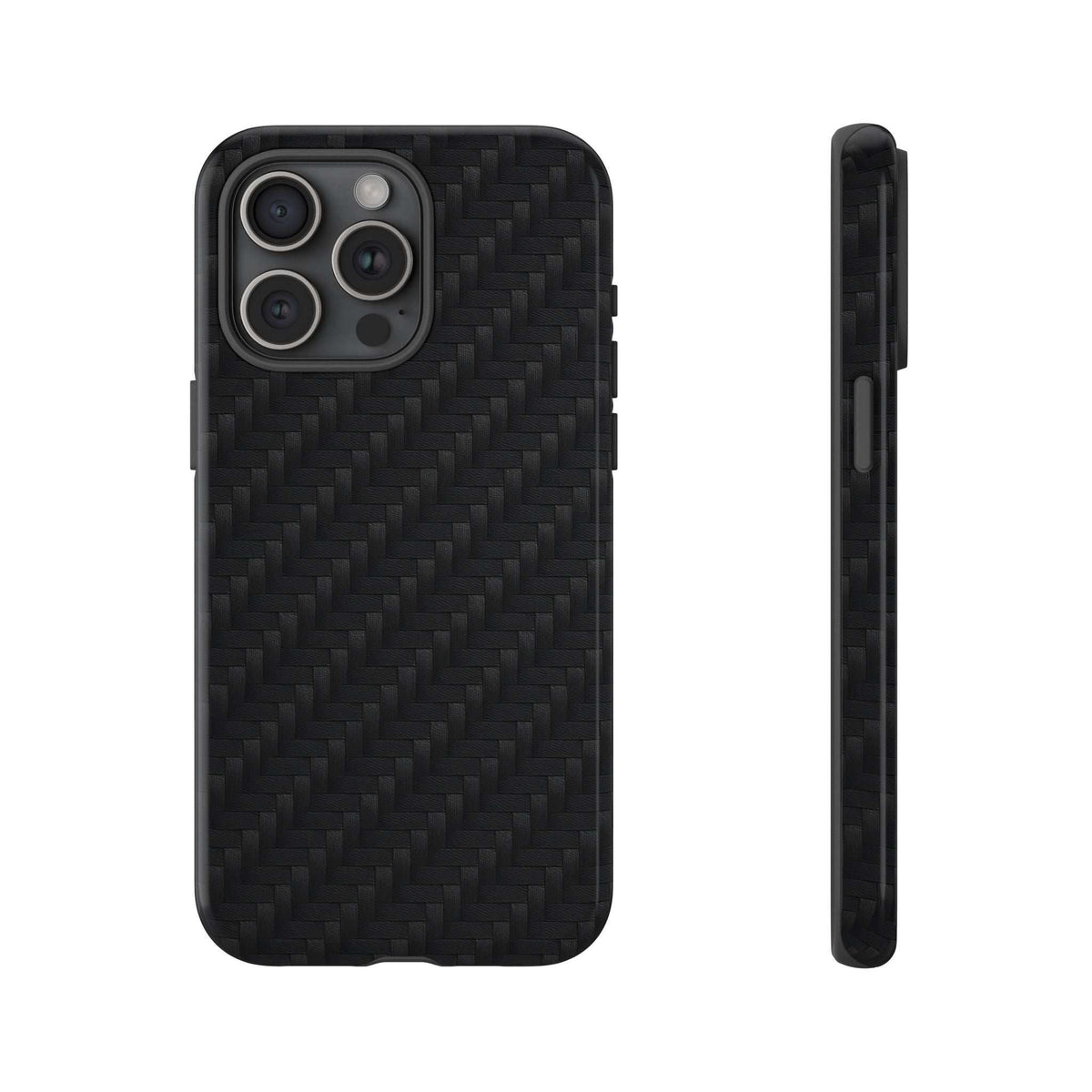 Black carbon fiber phone case showing back texture and camera openings, front and side view.
