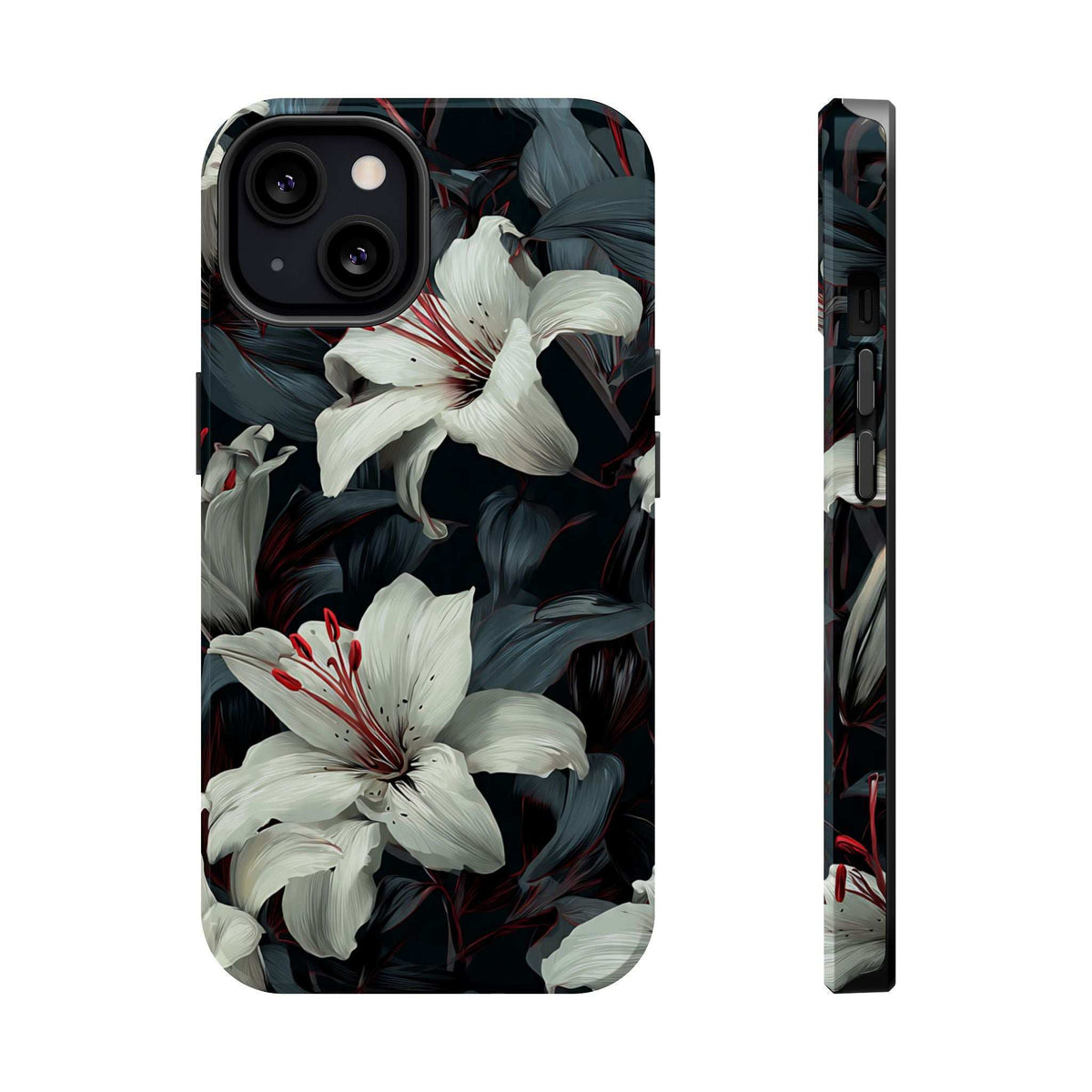 Phone case with white lily floral print and dark leaf pattern, front camera cutouts.