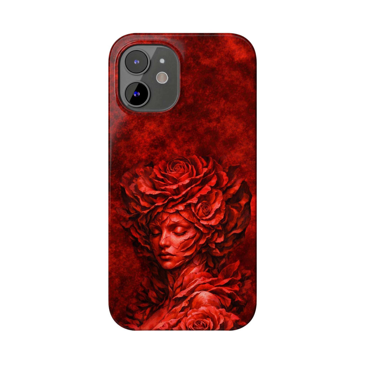 Slim phone case with red rose-girl portrait and camera lens openings