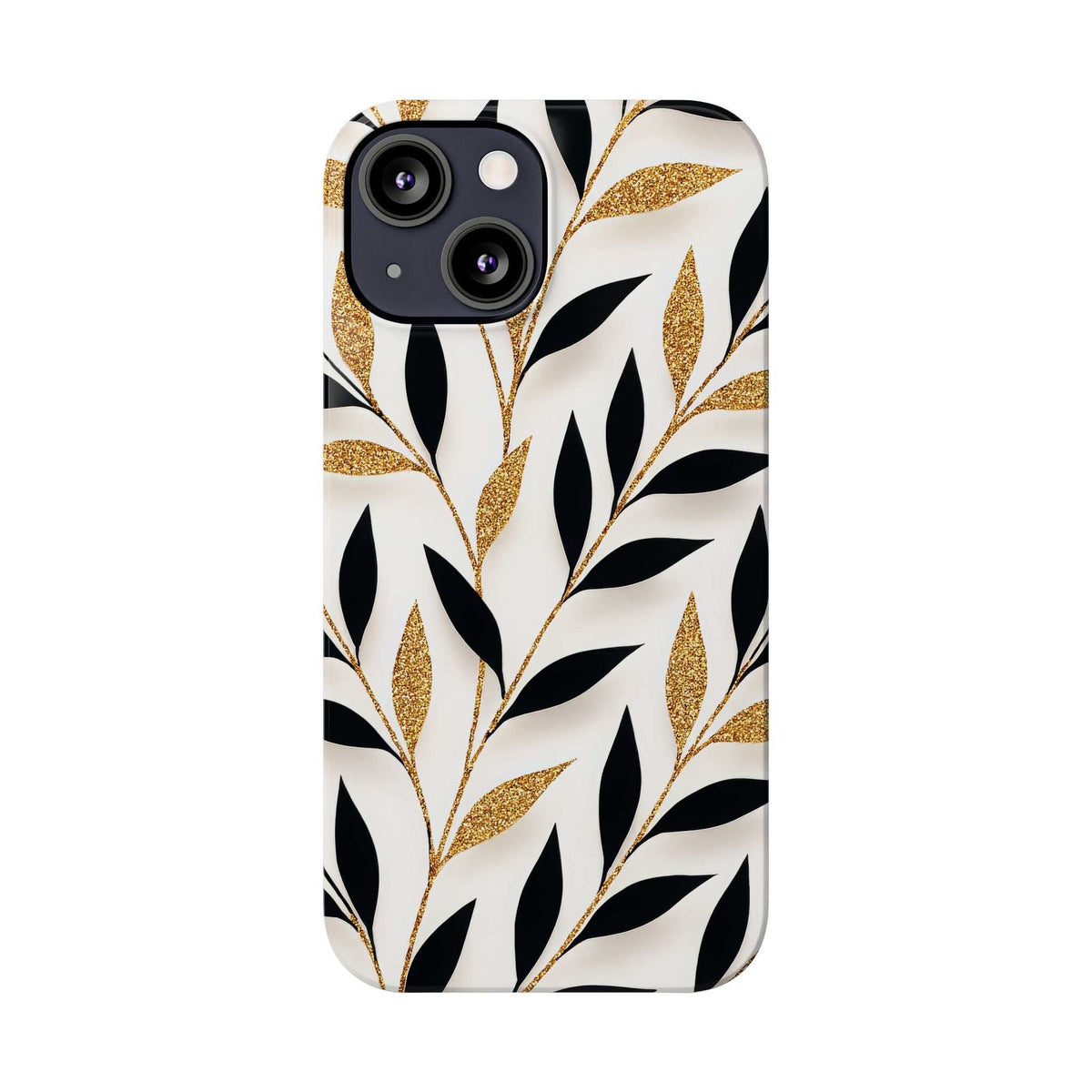 iPhone phone case with white and black leaf pattern plus gold glitter accents; camera cutouts