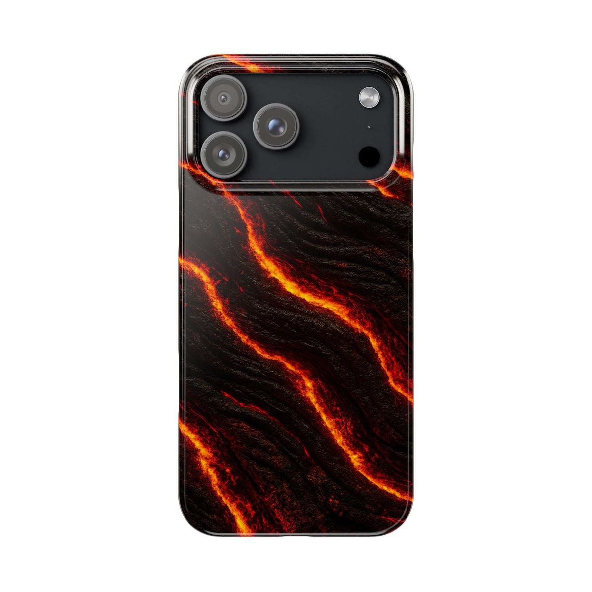 Black phone case with orange lava-like lines across the back, triple camera cutout