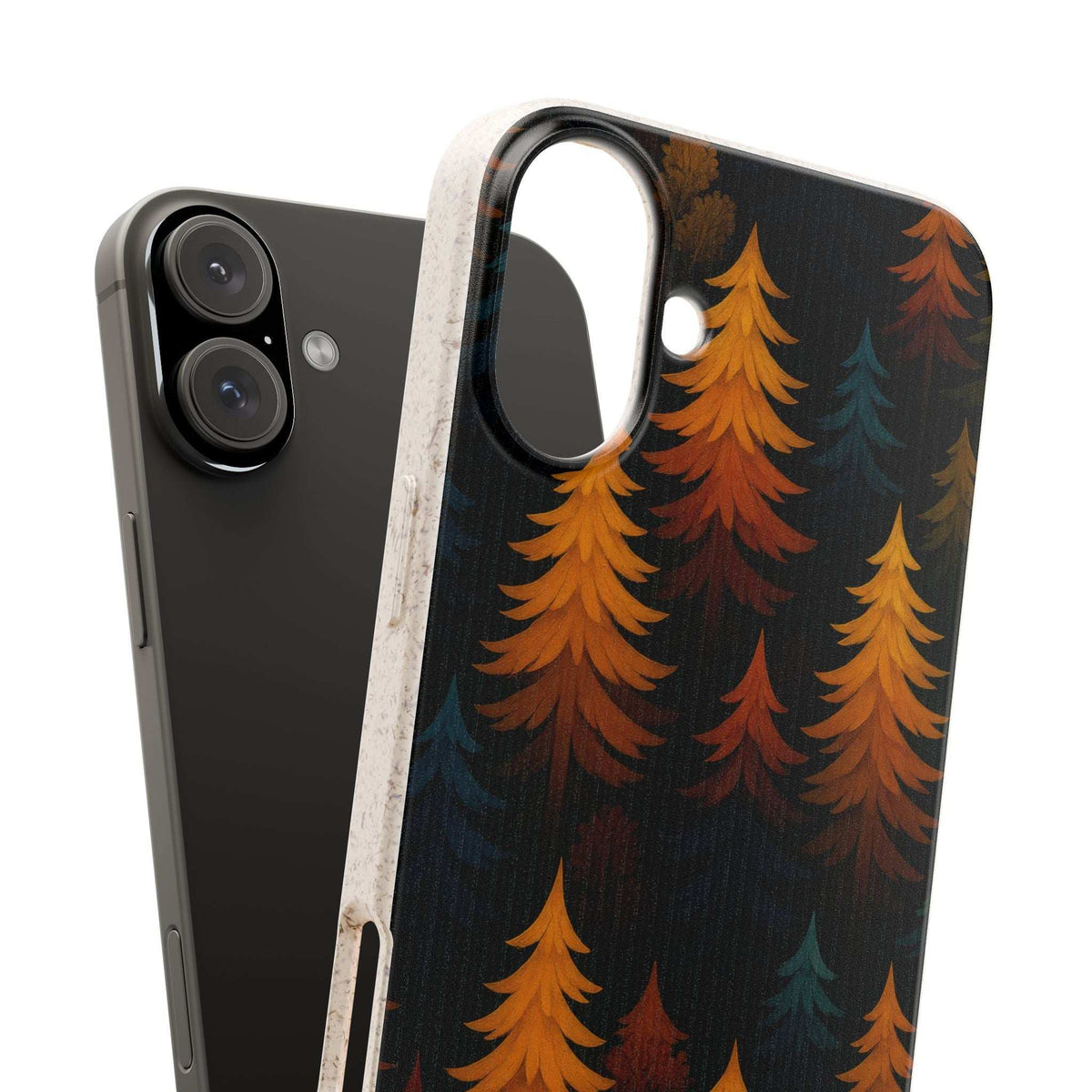 Forest tree patterned biodegradable phone case with camera cutout and textured grip edges