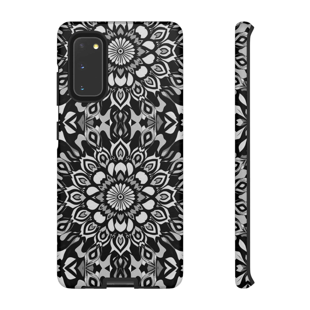 Mandala phone case, black-and-white mandala design with camera cutouts and patterned side edge
