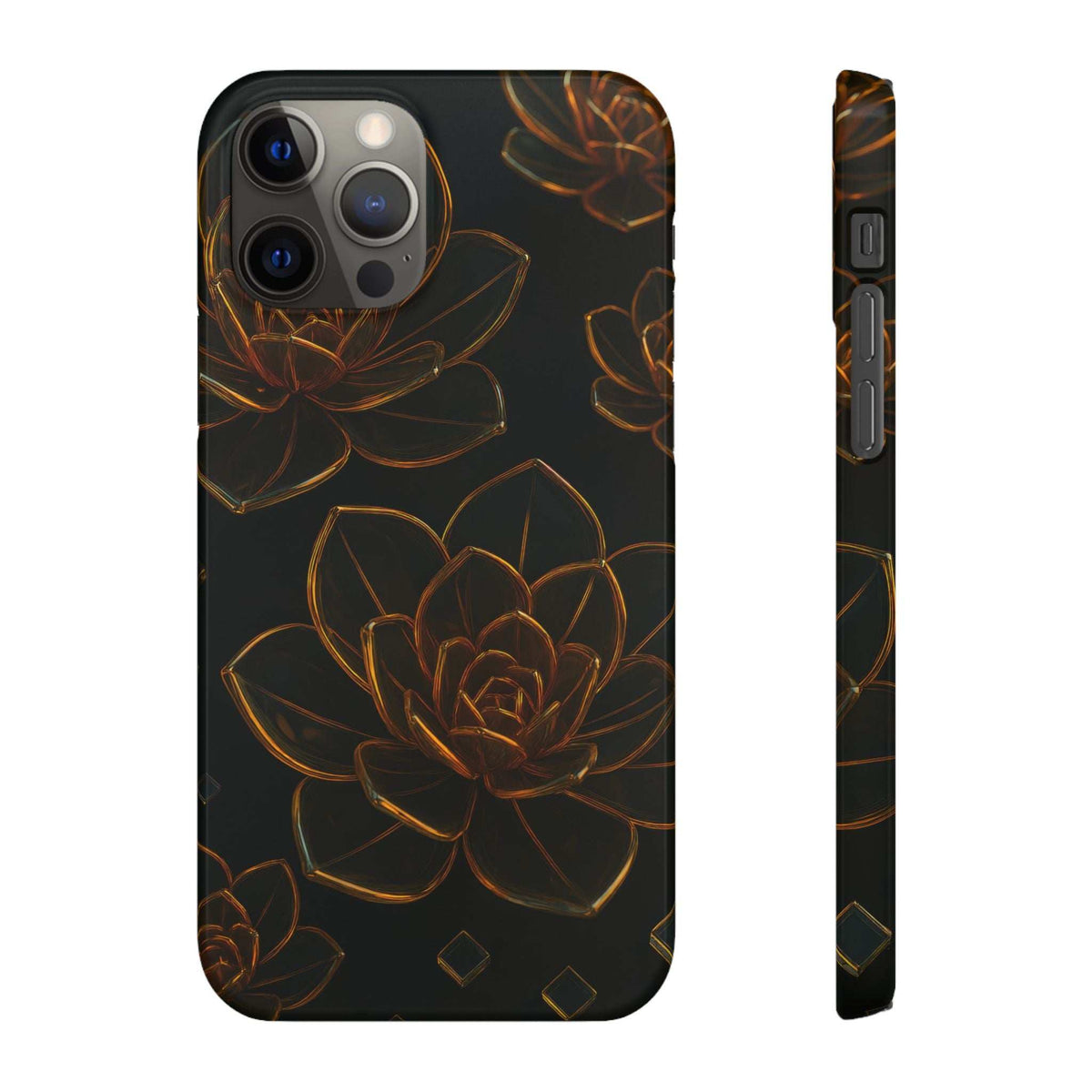 Glossy glass flower phone case, black with orange floral line art; multiple camera cutouts