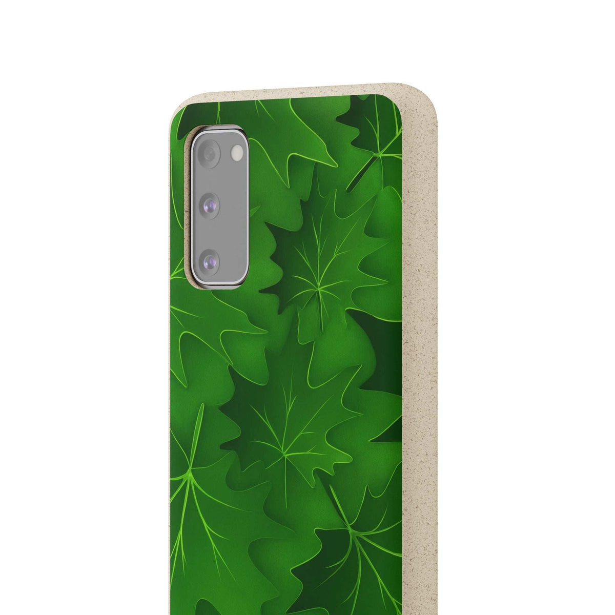 Green leaf-pattern phone case with camera cutout and beige raised back border.