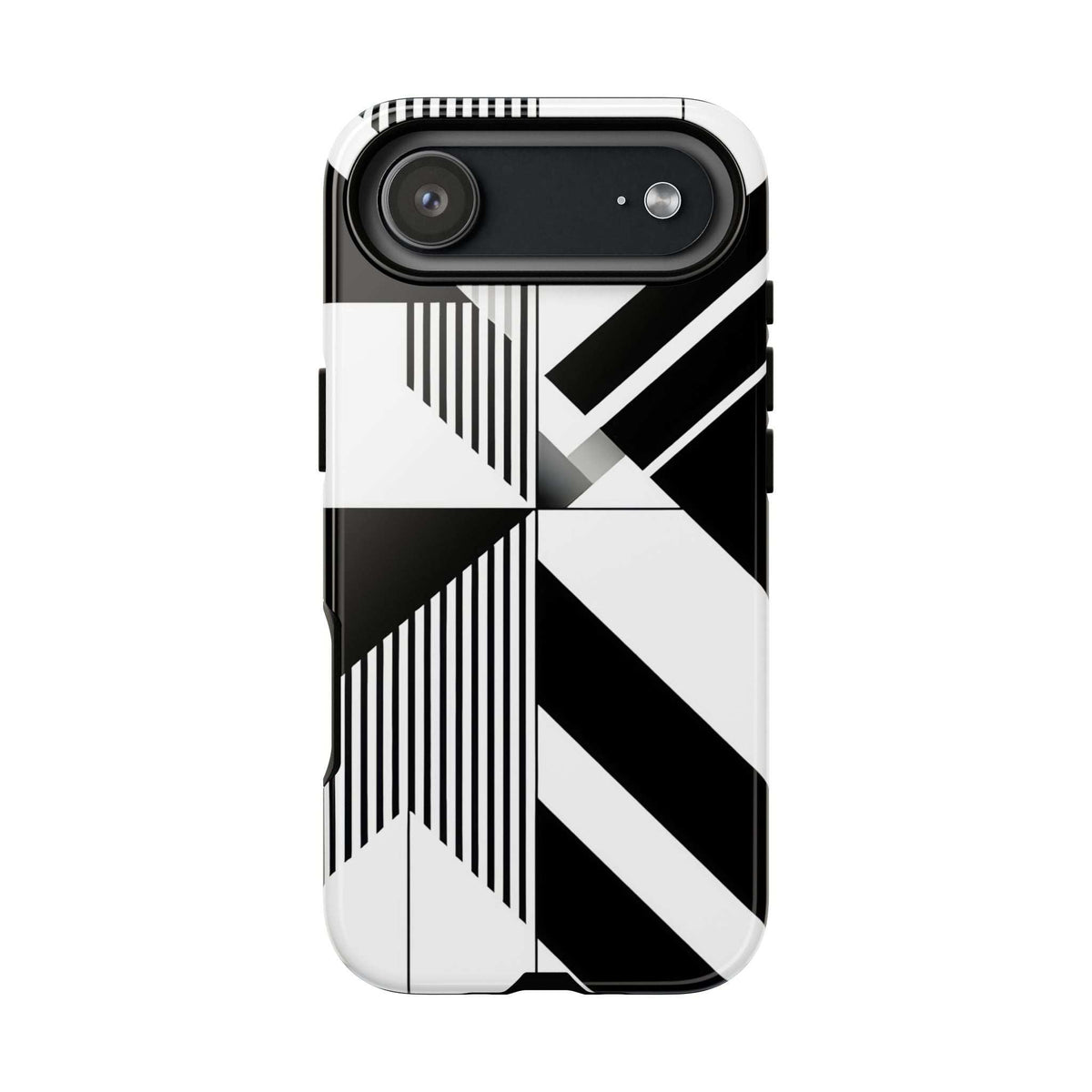 Tough phone case with black-and-white geometric design and large camera opening.