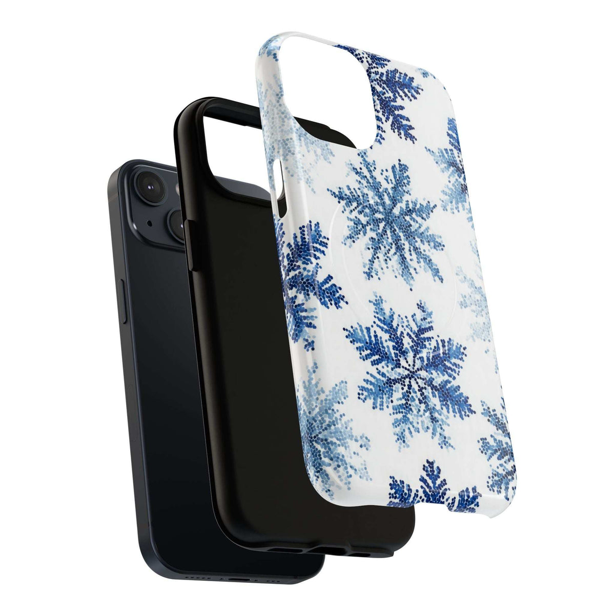 Snowflake phone case in white with blue snowflakes; front edge and camera cutouts visible