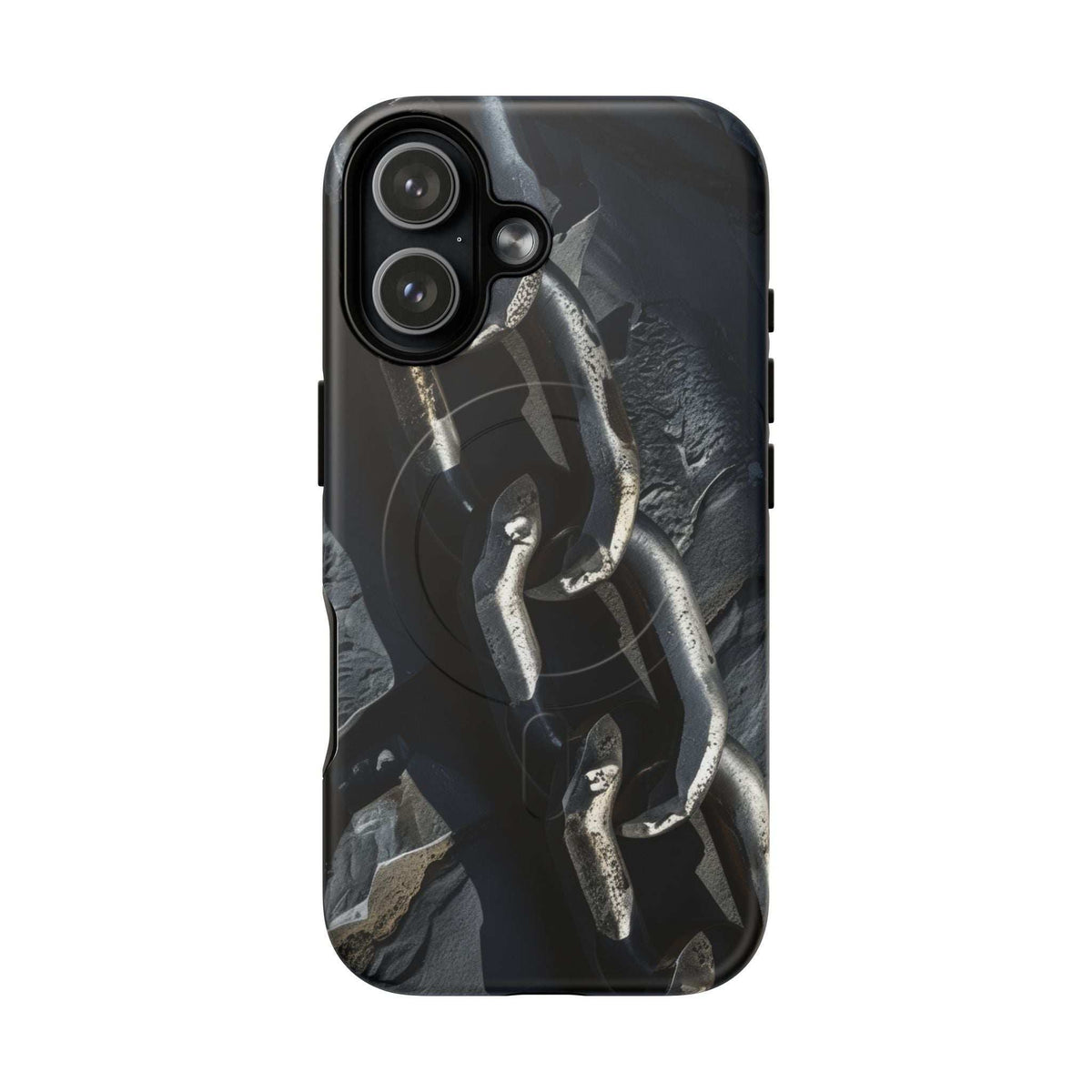 Black protective phone case with iron chain artwork and camera module openings