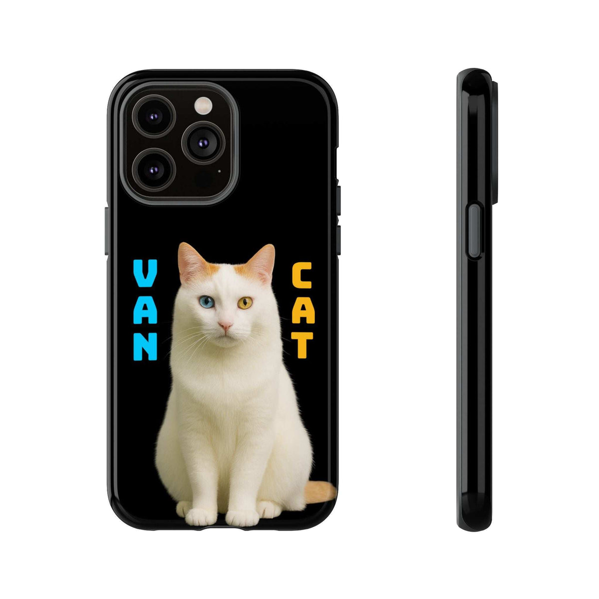 Black glossy phone case with cat artwork and protective rim around cameras