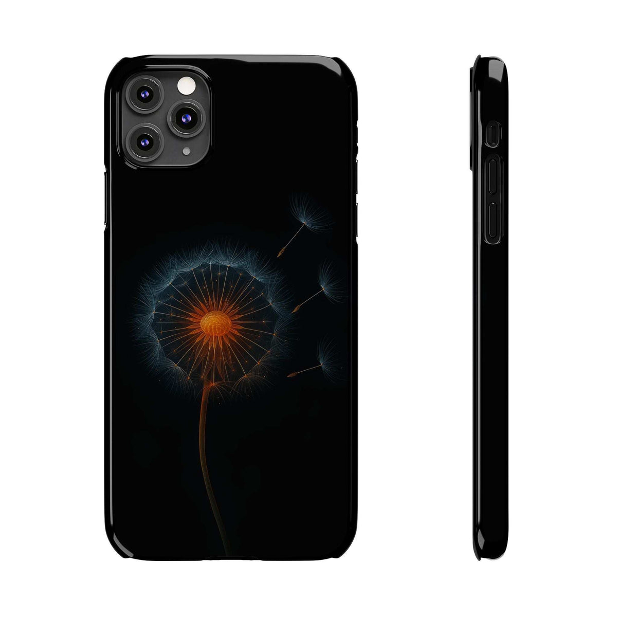 Black phone case featuring a glowing dandelion pattern and back camera cutouts