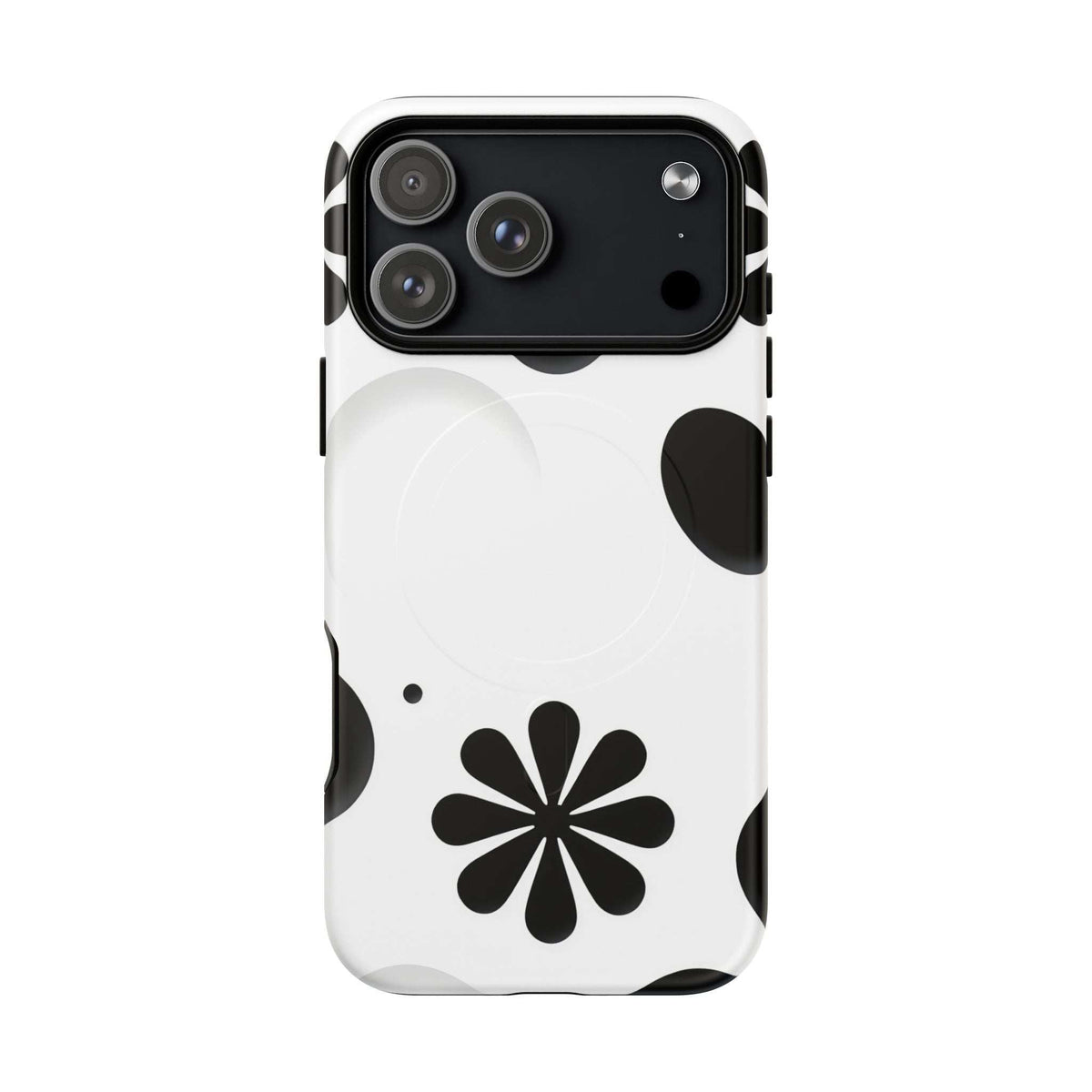 White phone case with black flower and dot accents, camera cutout, magnetic side grips