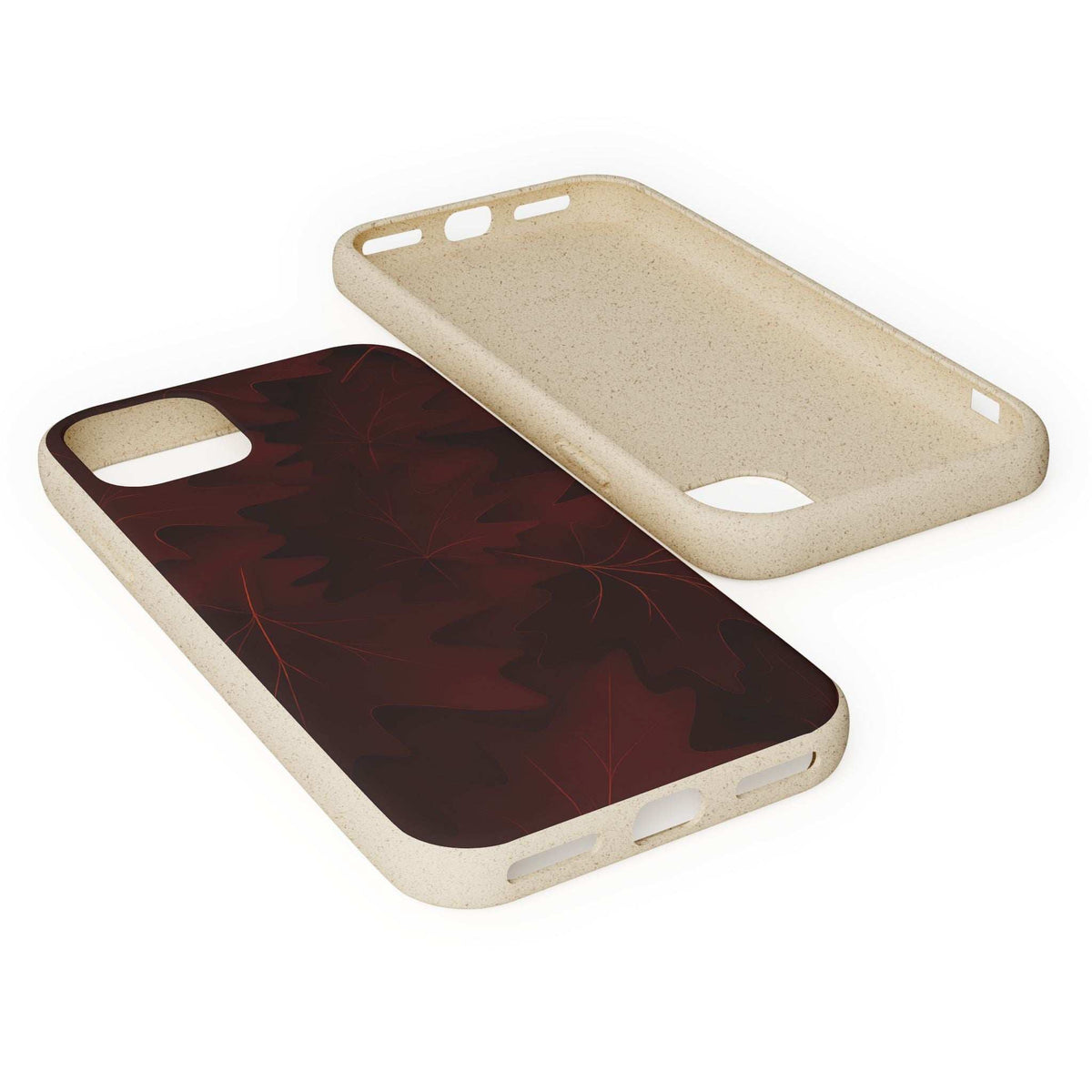 Dual-view phone case: burgundy leaf design front and beige back shell