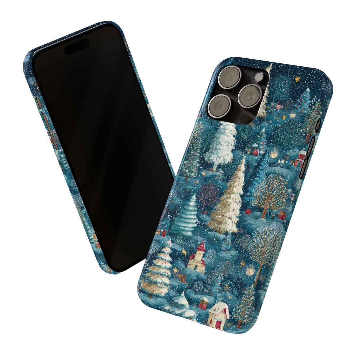 Blue winter forest phone case shown at angle, snowy trees and cabin details