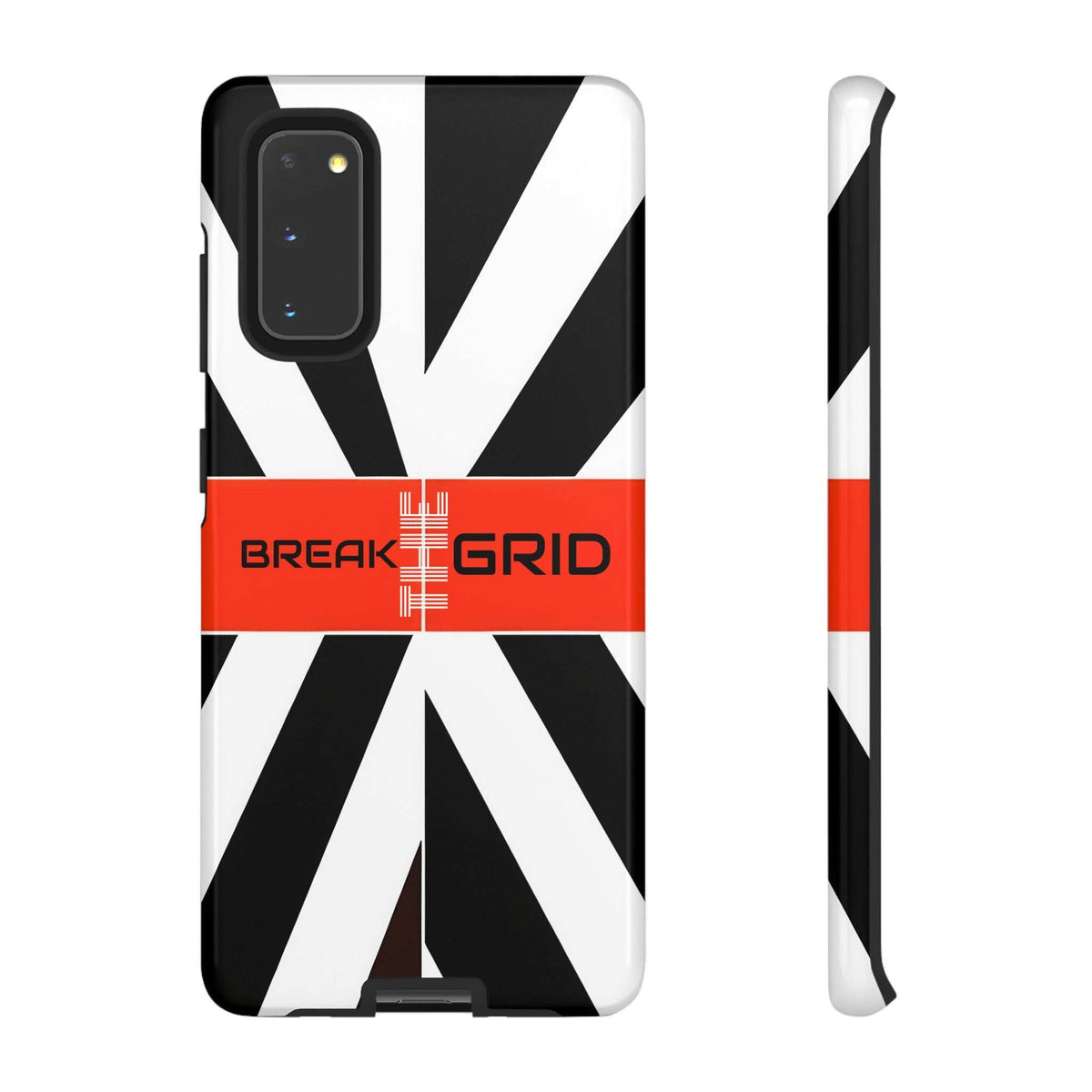 Phone case front with dark camera panel, black-and-white stripes and orange band