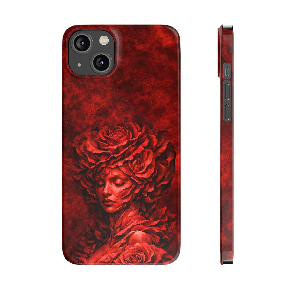 Slim red phone case with rose-and-woman face art; camera openings visible on the back.