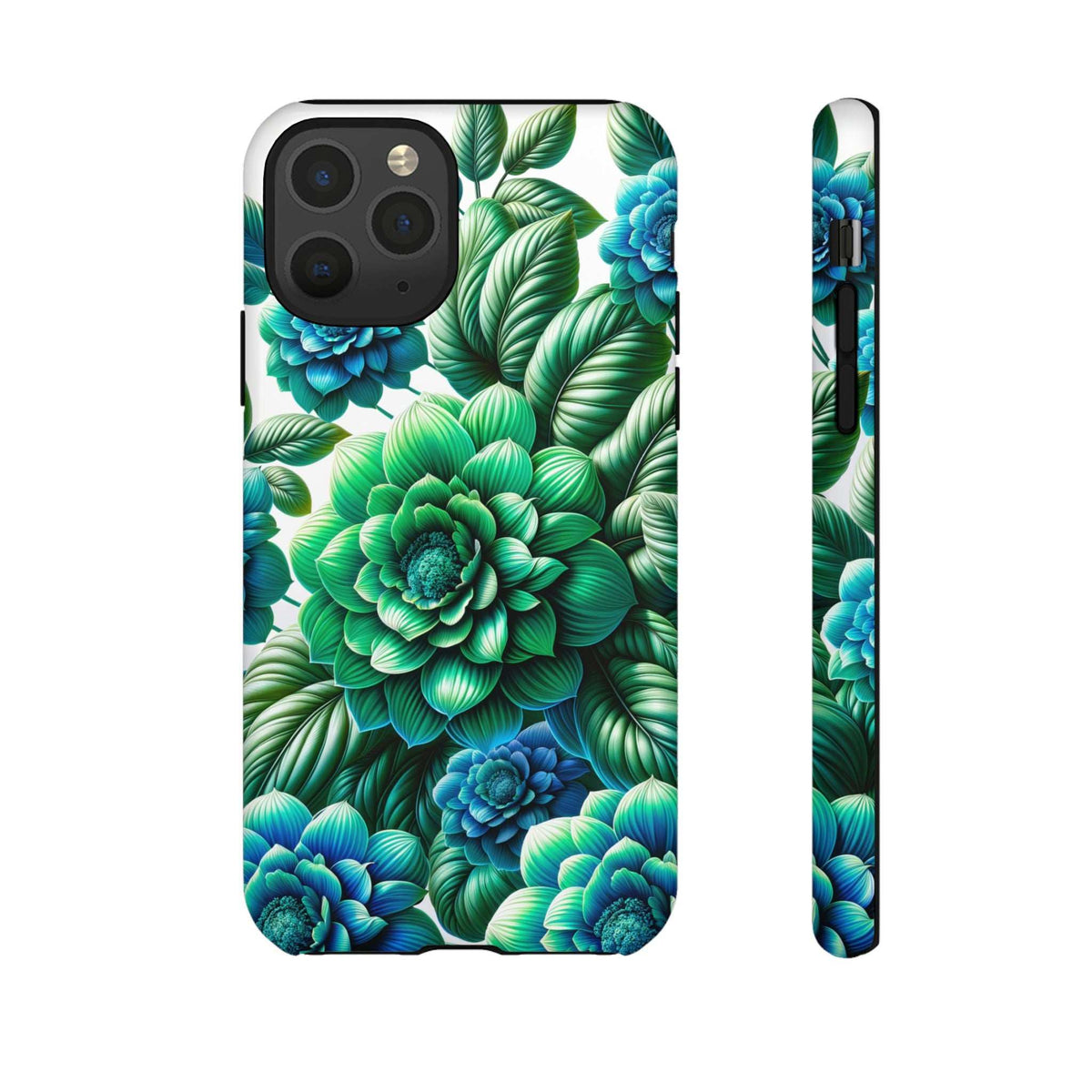 Green and blue floral phone case front featuring large flowers and leafy accents