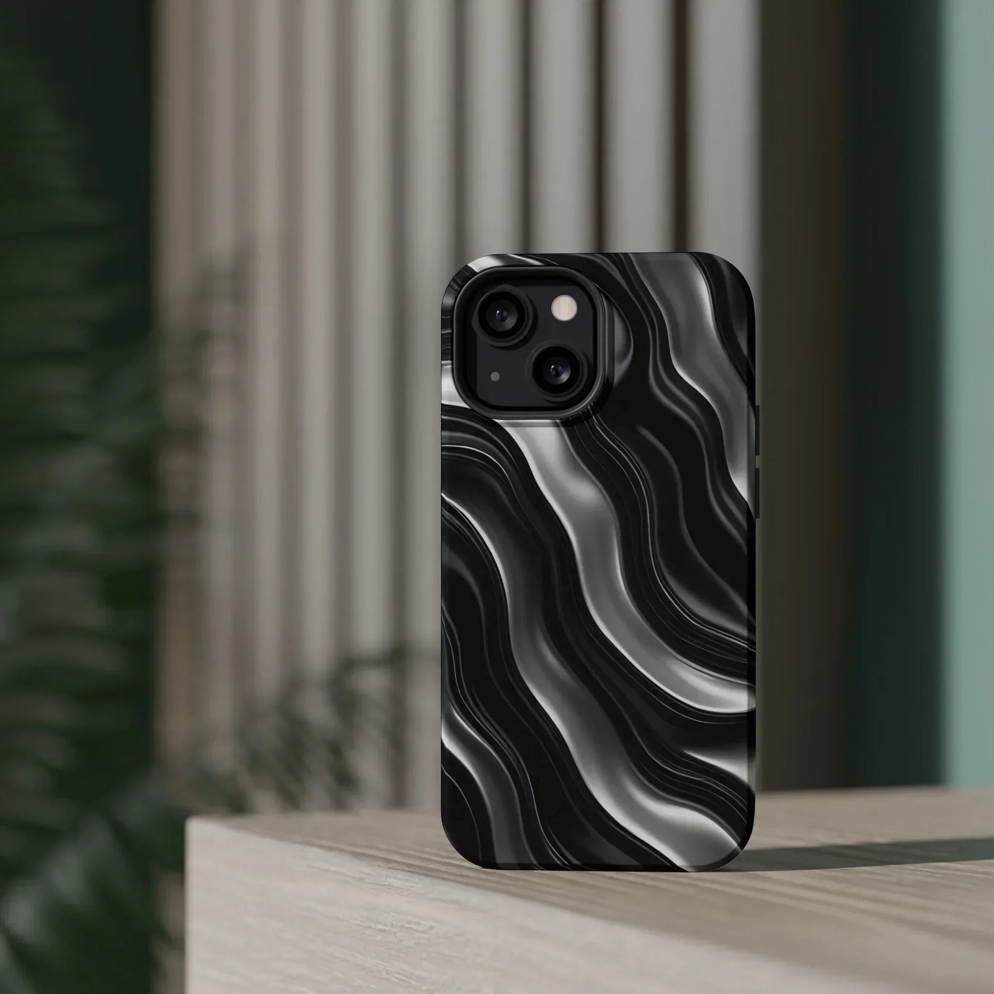 Wavy Illusion Black & Silver MagSafe® Tough Phone Case - KarArmDesign