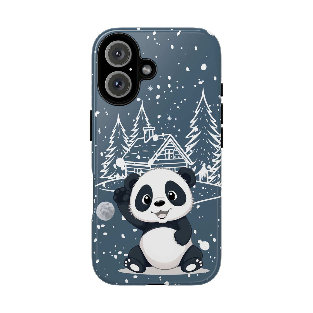 Dark blue iPhone phone case with panda in snowy pine scene, round camera lens openings