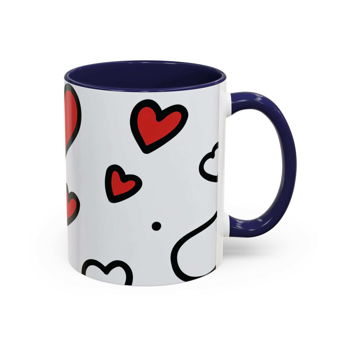 White accent coffee mug with navy rim and handle, red hearts and black smile design