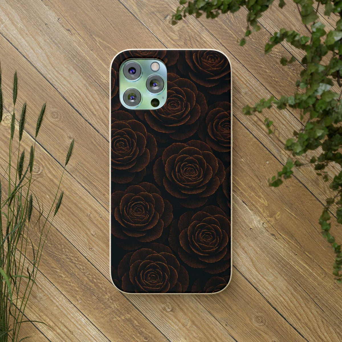 Wooden roses phone case with dark rose pattern and multiple camera cutouts