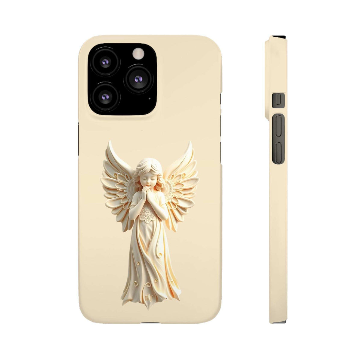 Beige phone case with winged angel cherub artwork and visible side button openings