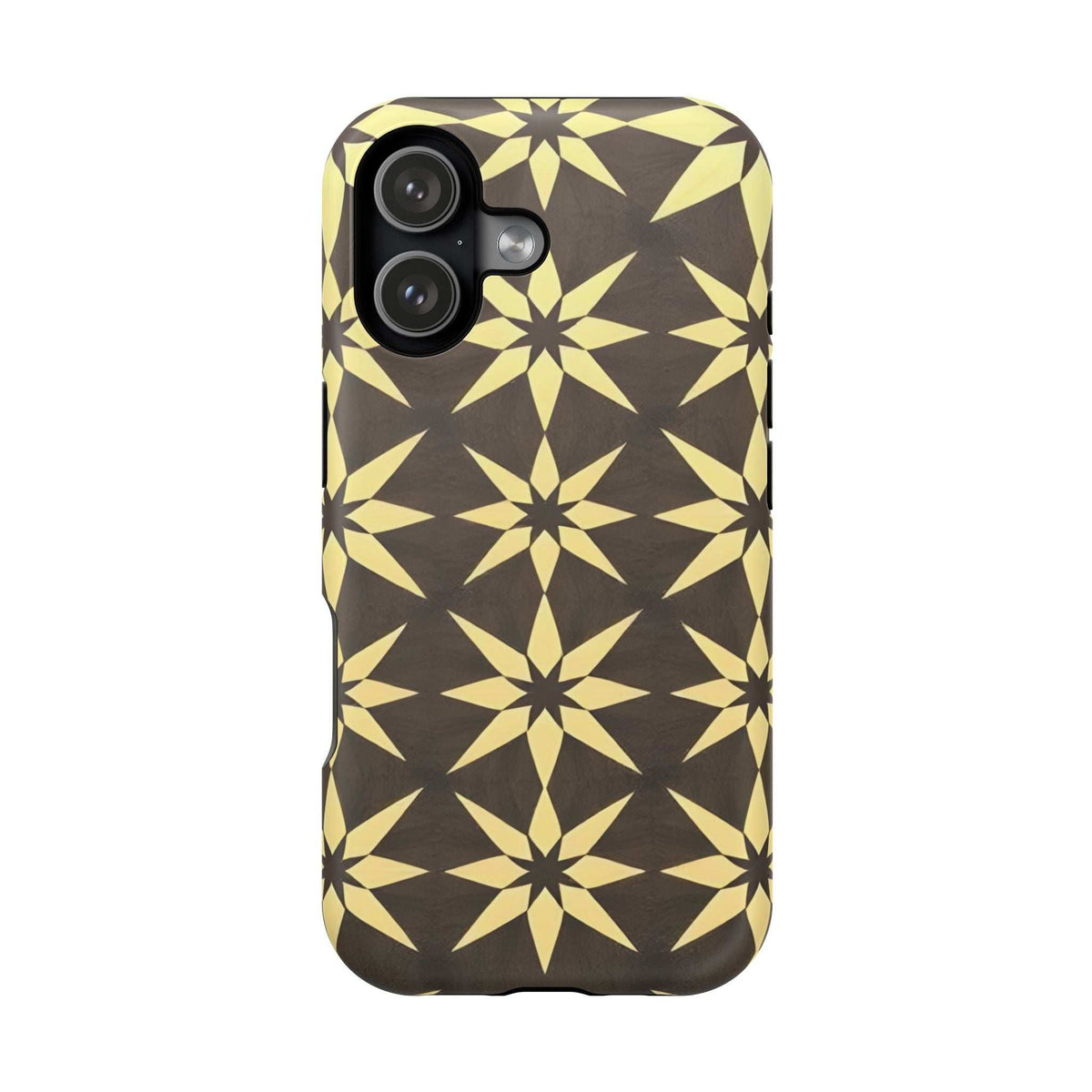 Phone case back with gold and black star geometric pattern, camera lenses on dark top panel