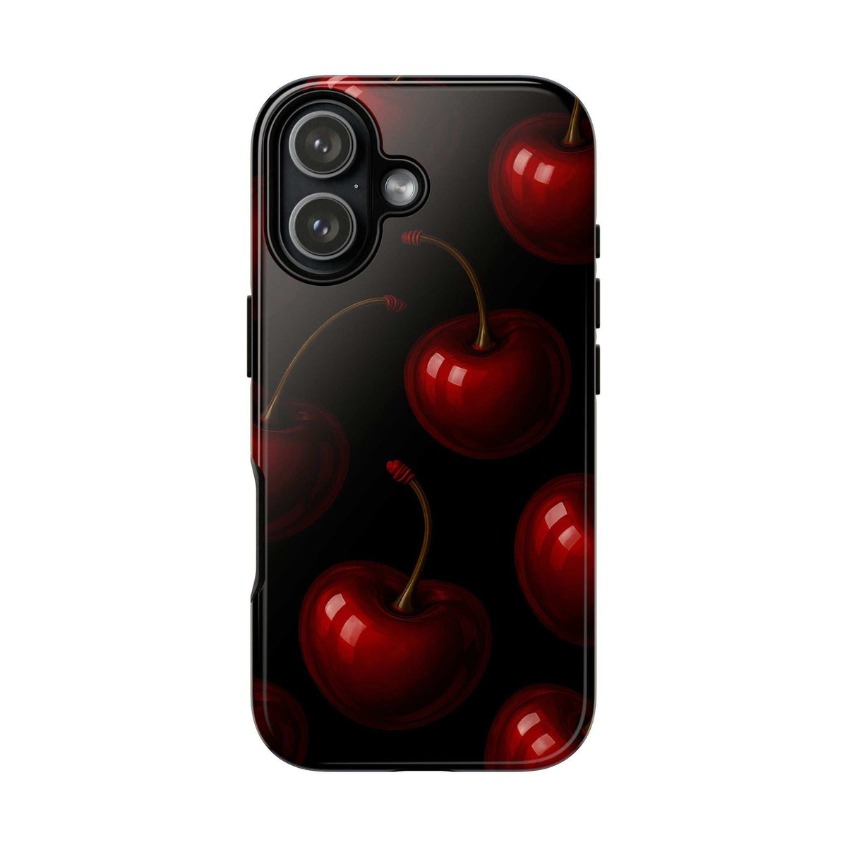 Glossy phone case featuring red cherries, camera opening and textured button cutouts