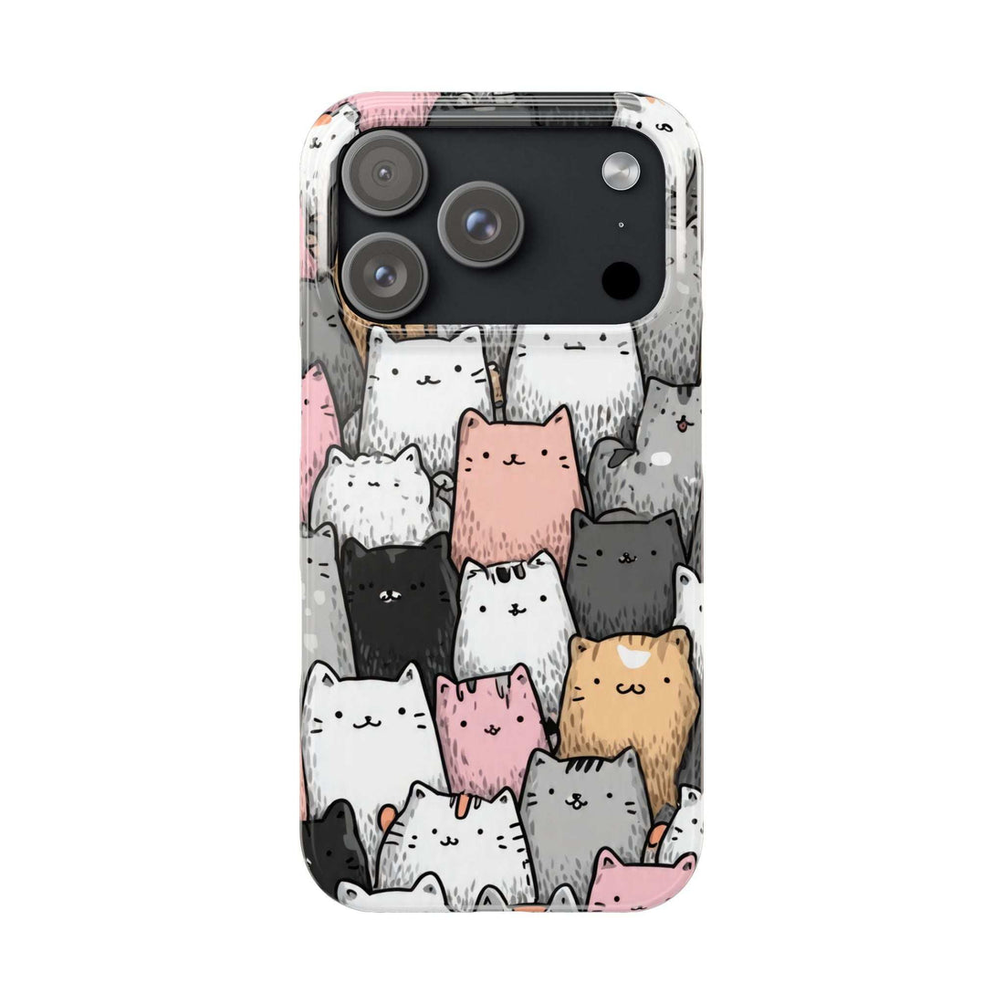 Cat pattern phone case with pink, white, and gray cartoon cat faces, slim fit for iPhone 11–17.