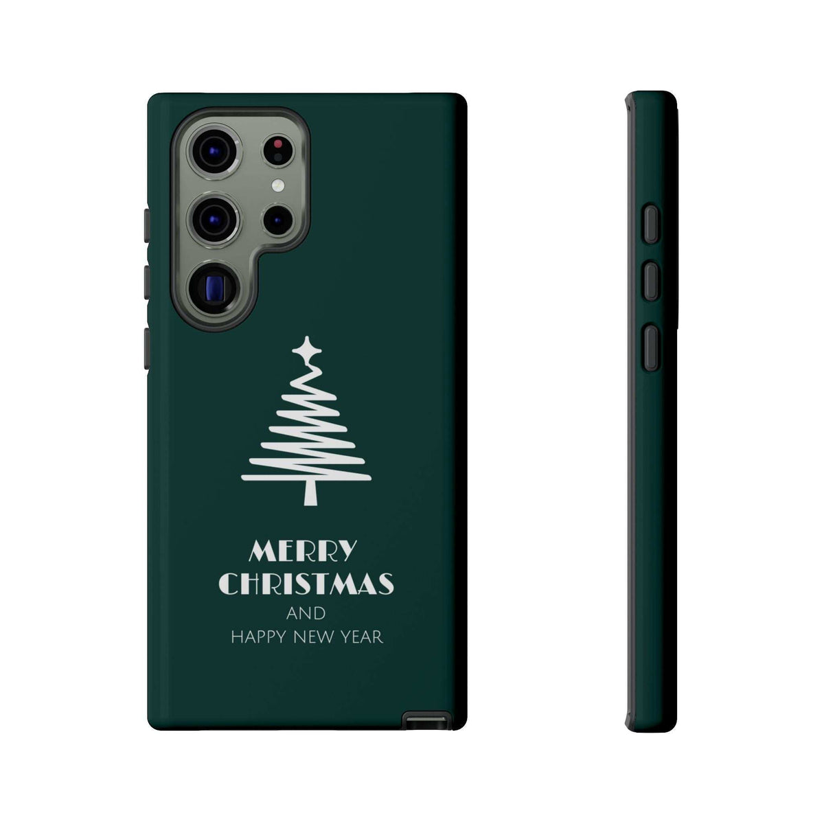 Dark green glossy phone case with white Christmas tree and “Merry Christmas” text