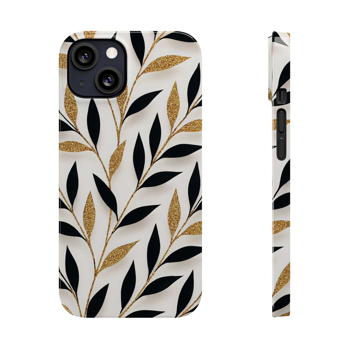 iPhone phone case with white leaf pattern, black foliage, and gold glitter accents; back plus edge