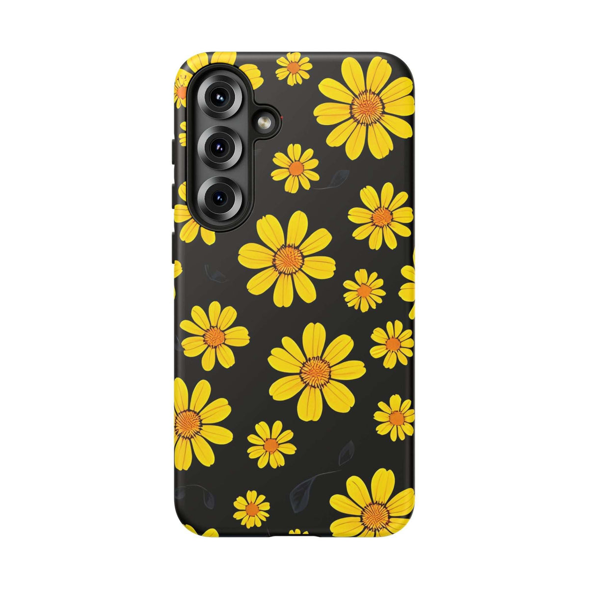 Black floral phone case with yellow daisy pattern and raised camera openings