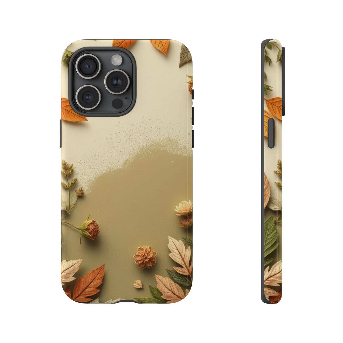 Phone case with beige autumn leaves and flowers, front view with camera cutout and buttons