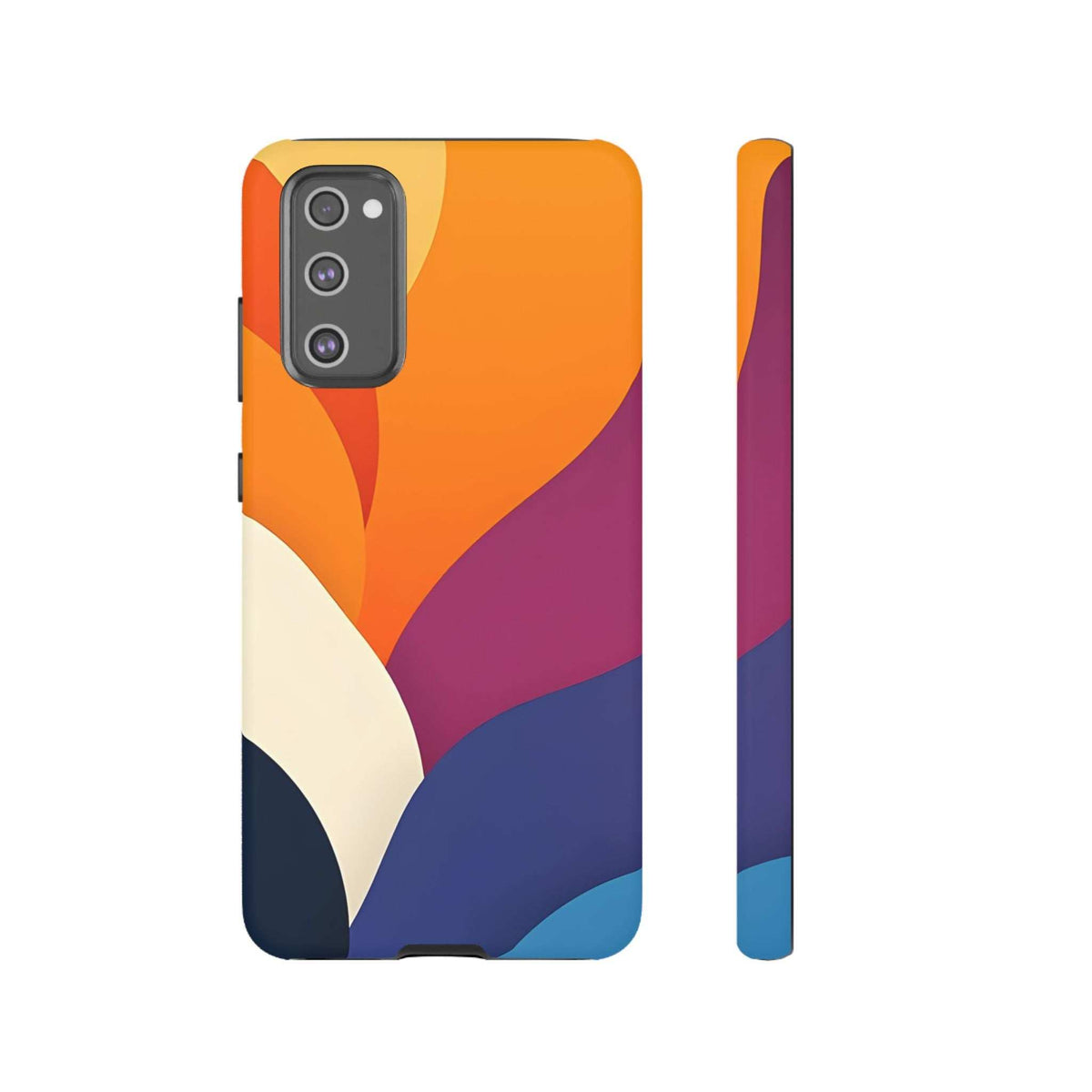 Phone case with abstract orange and magenta curves over navy; dual lens cutout.