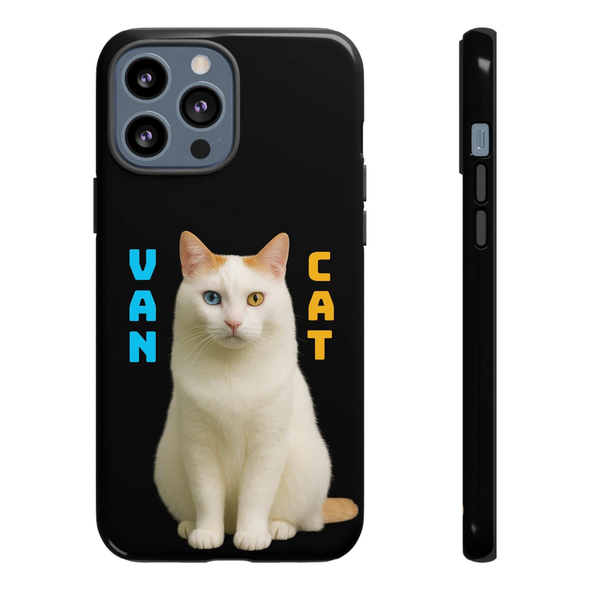 Glossy black phone case with white cat image, camera openings, and side button cutouts