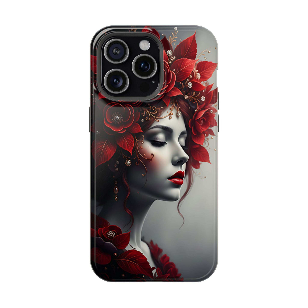 Portrait phone case for iPhone 13-17 with red flower and woman face design plus camera bump