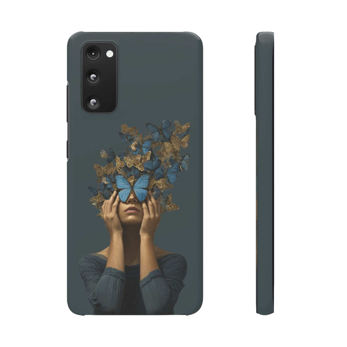 Dark gray phone case with butterfly woman illustration; visible camera and flash cutouts.