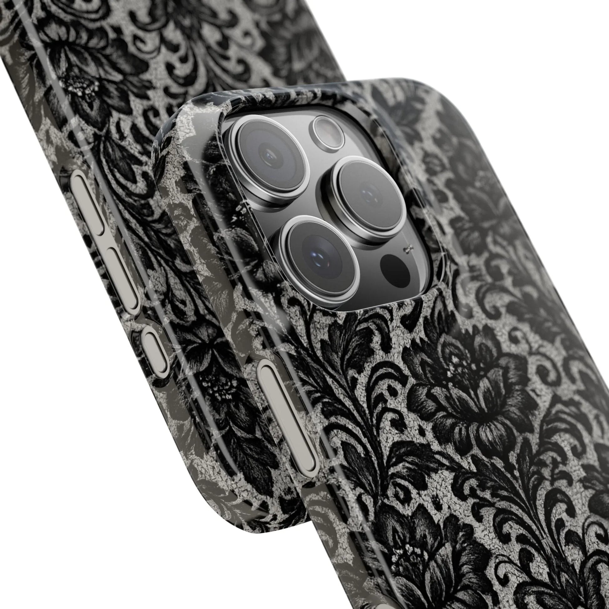 Black Damask Floral Phone Case for iPhone 11-17 and Galaxy S20-S25 - KARARMDESIGN