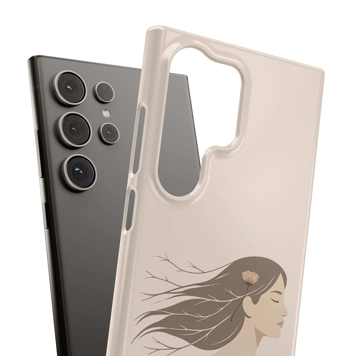 Pair of phone cases: cream woman-outline case with camera openings and dark case behind it.