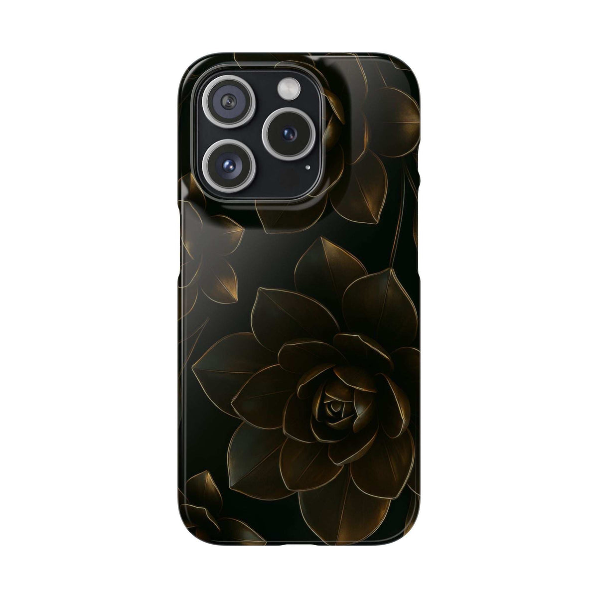 Black glossy floral phone case with gold rose design; large triple-camera module cutout