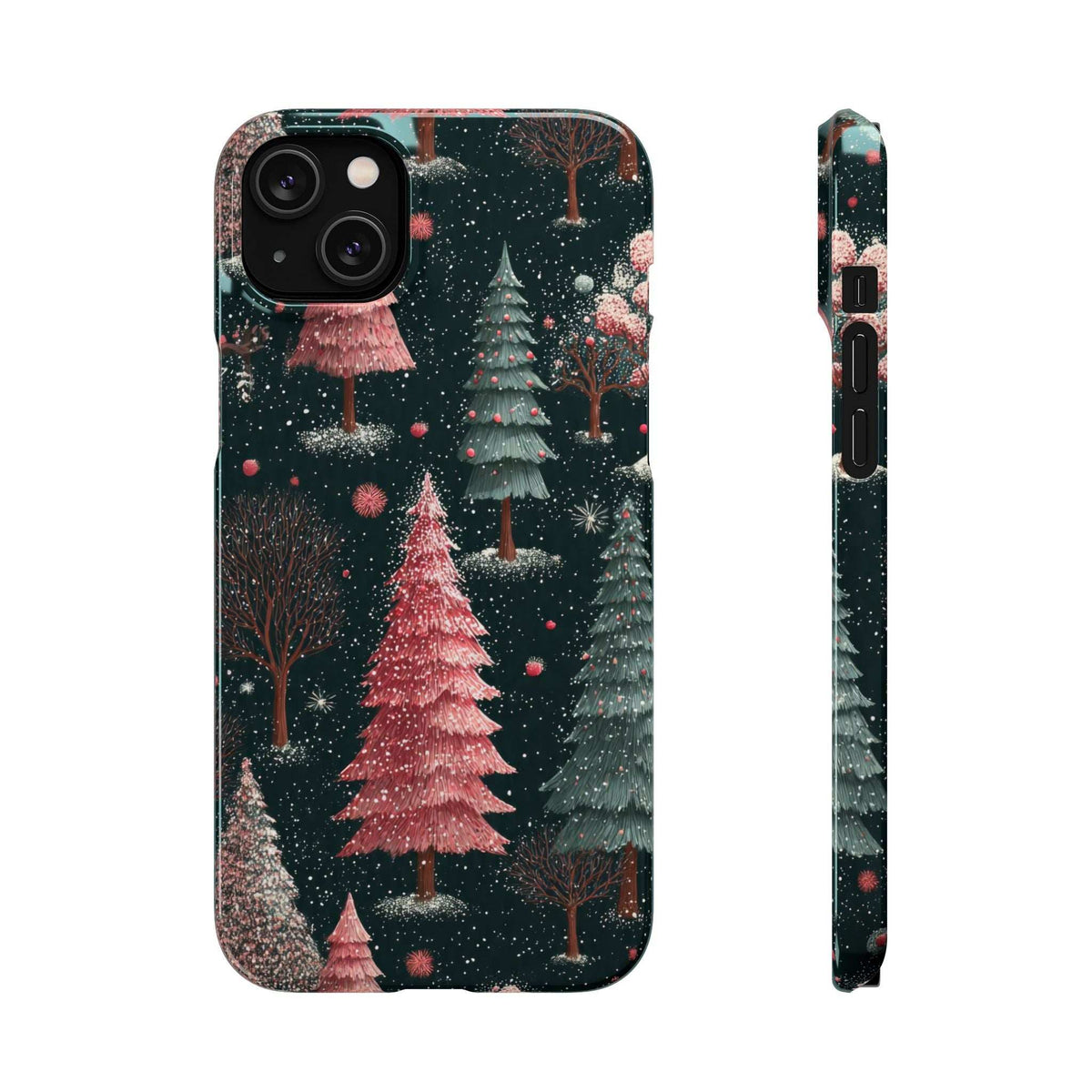 Forest-themed glossy phone case with snowy pine trees and pink-red accents; front and side views.