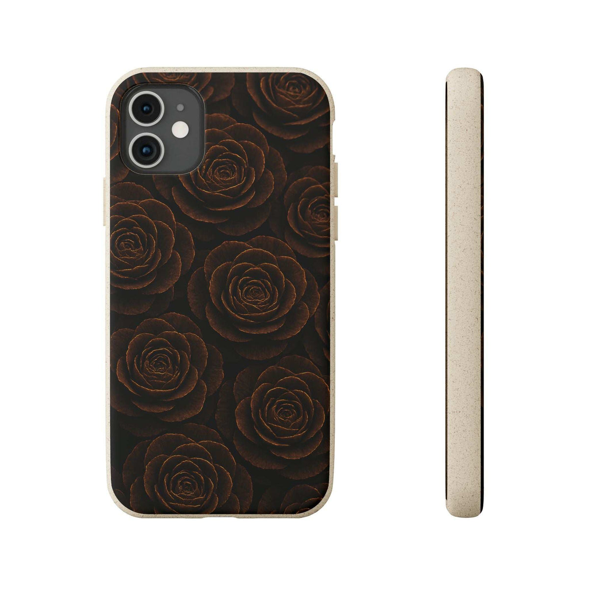 Wood rose phone case with dark floral rose pattern and camera cutouts; beige side view.