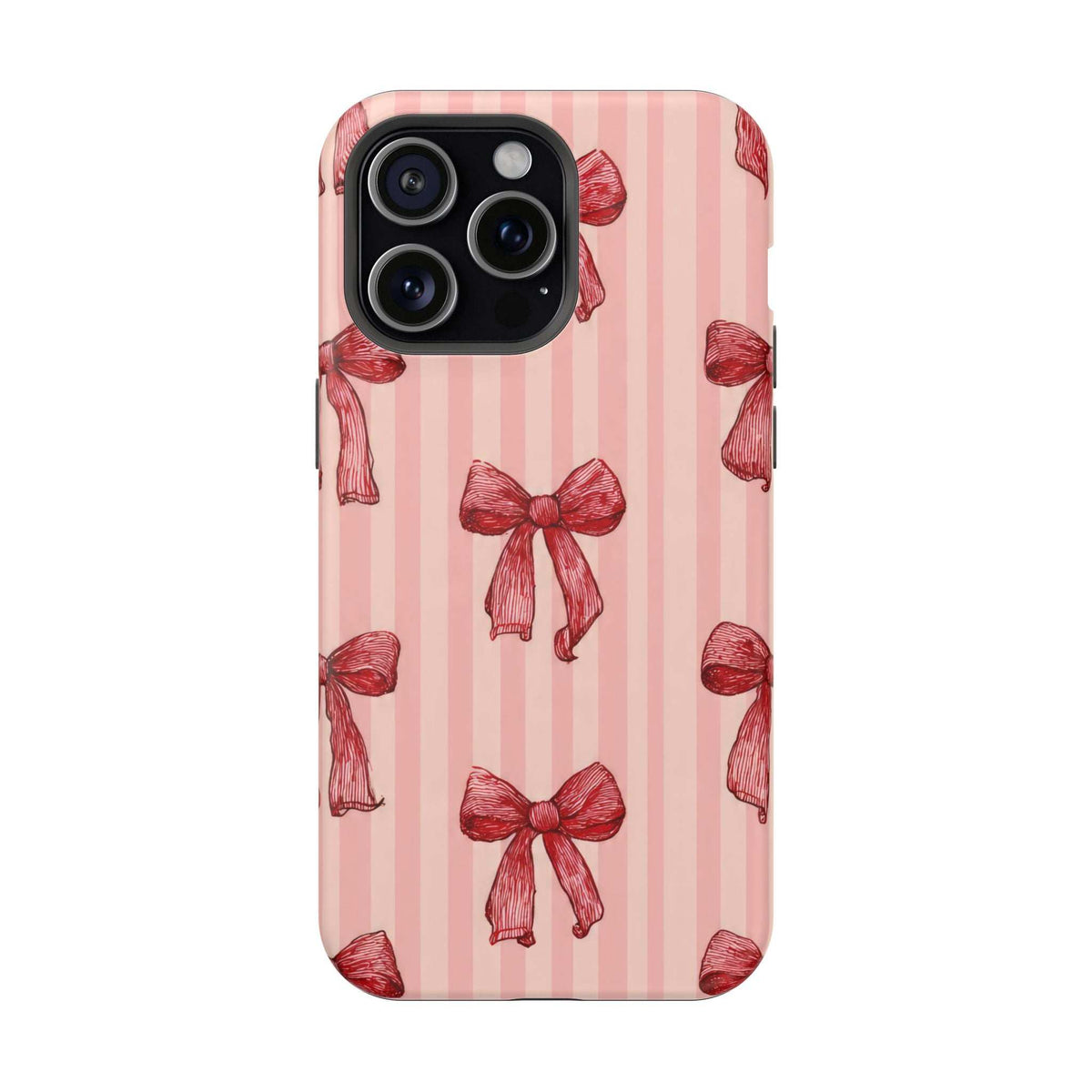 Pink phone case with red stripe pattern and red bow motifs, camera cutout at top left