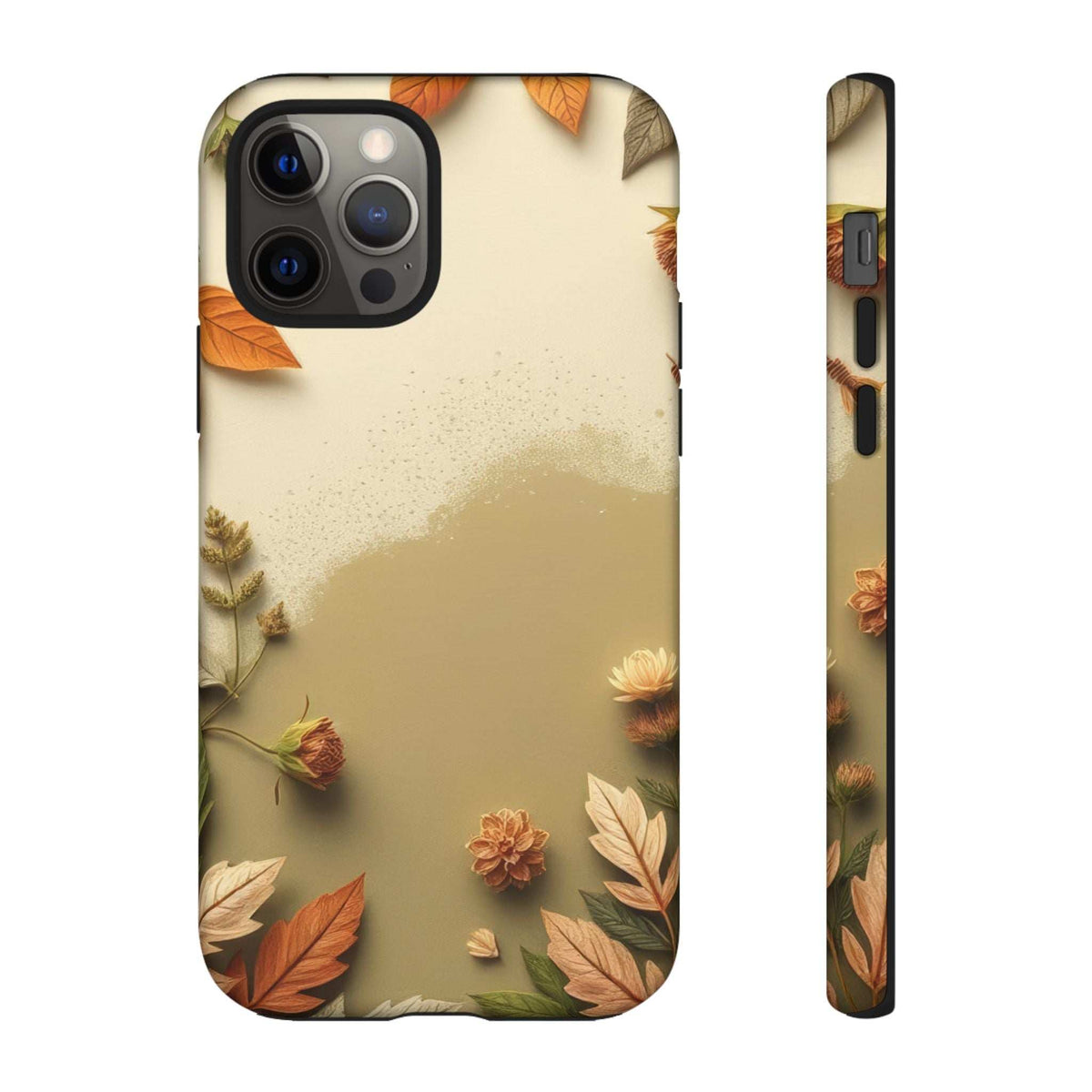 Autumn leaf phone case front view, beige backdrop with orange flowers and leaf accents