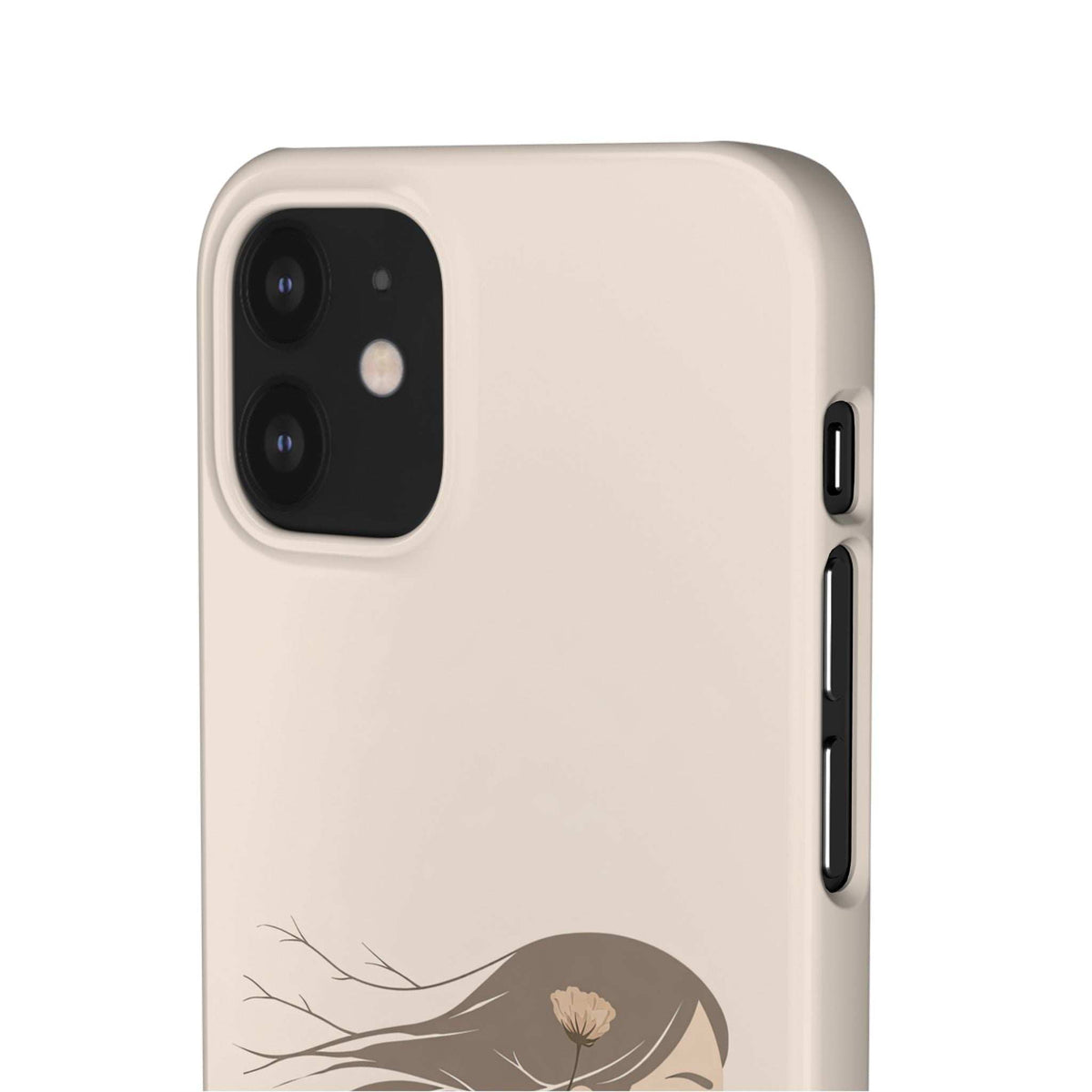 Beige phone case with dark camera cutout and subtle floral branch design