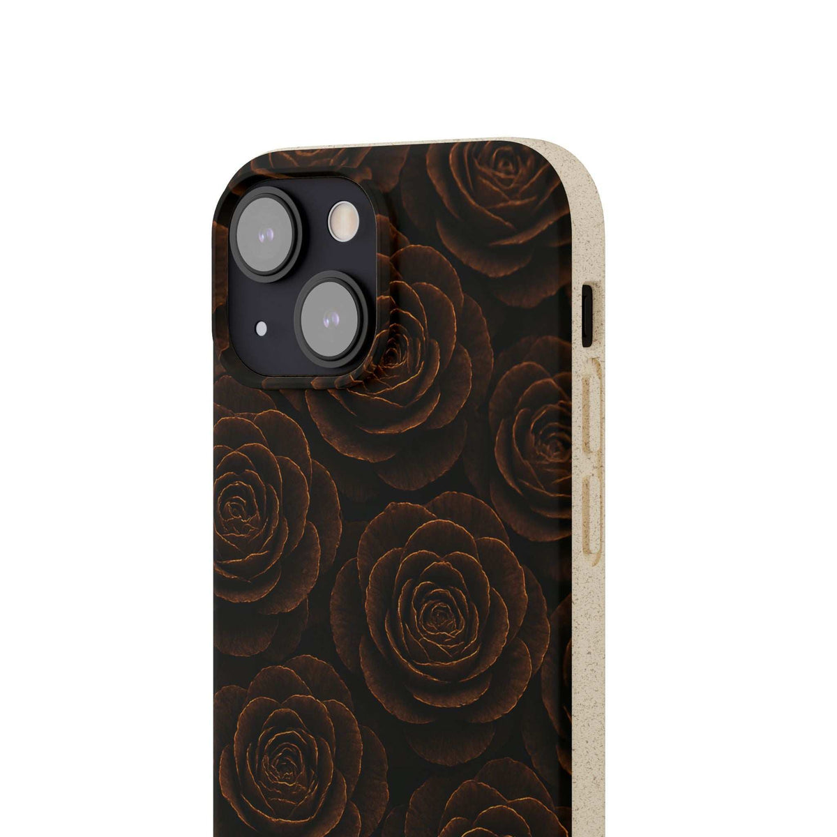 Wooden rose phone case close-up with dark rose pattern and camera cutouts