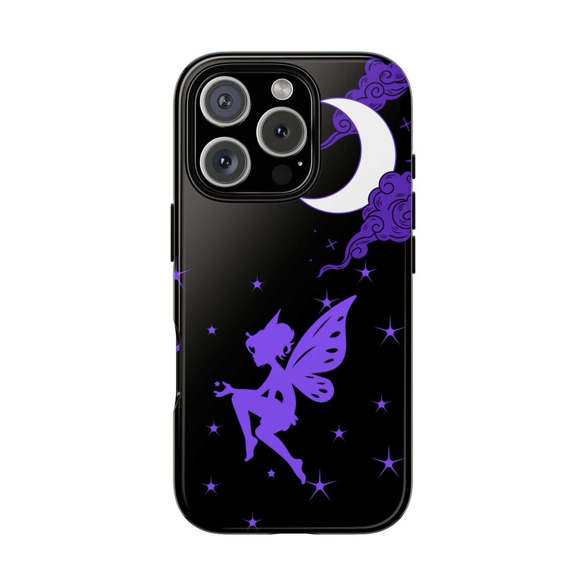 Black phone case with purple fairy, crescent moon, and cloud-like swirls; camera cutouts