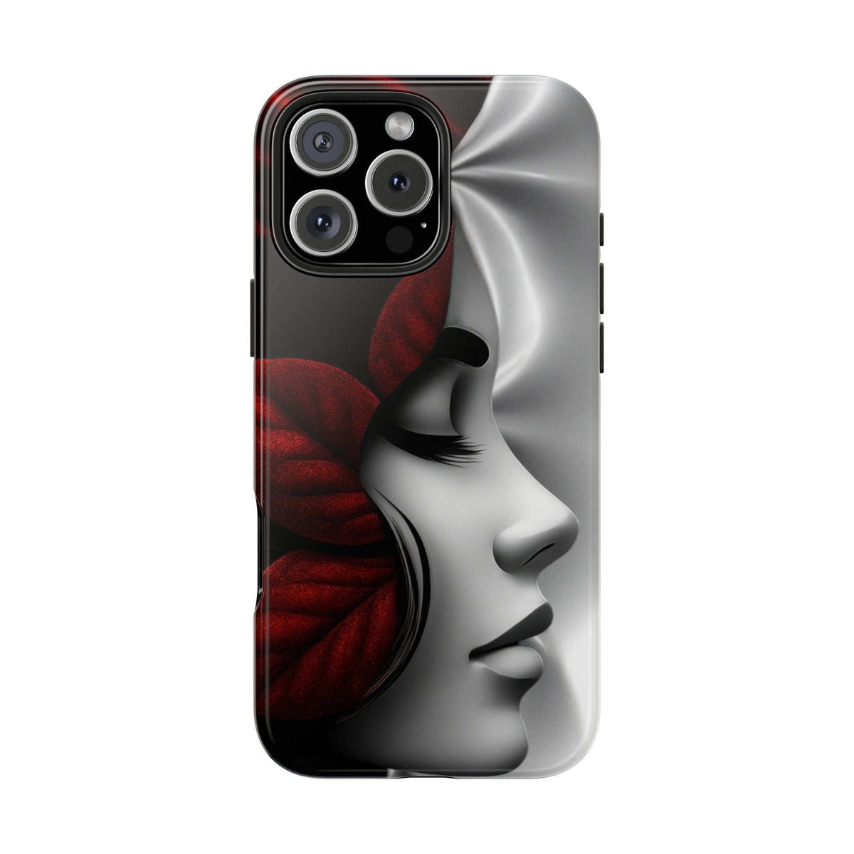 Black and red face profile phone case with camera cutouts for iPhone and Galaxy