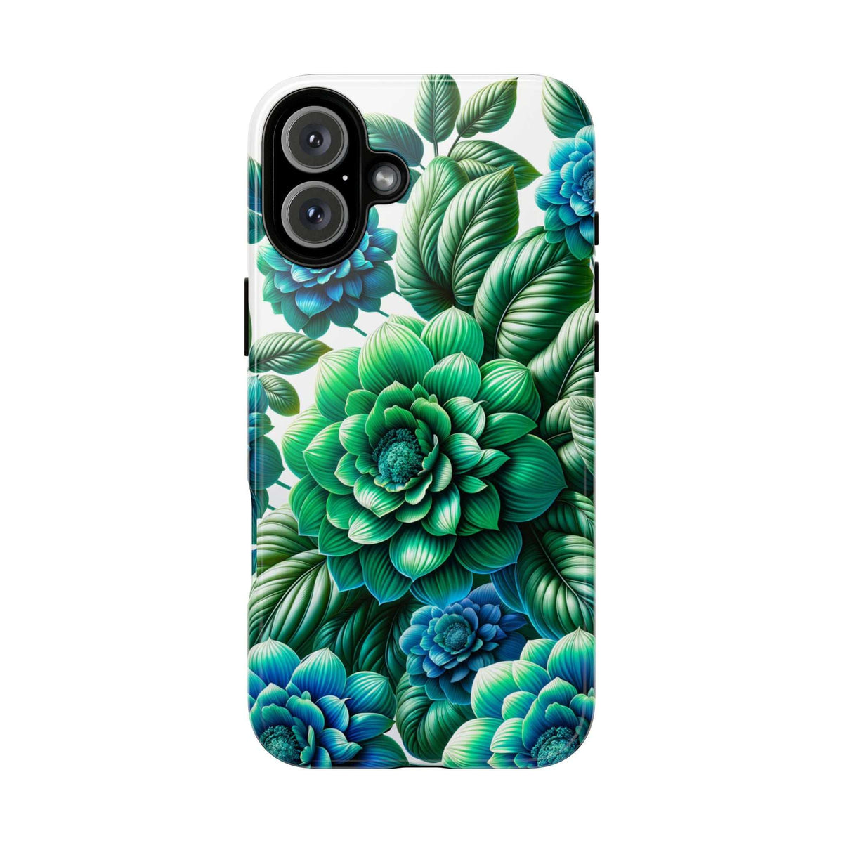 Green and blue floral phone case showing layered leaves and blue blossoms, cutouts