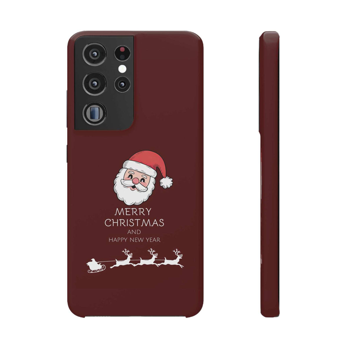 Glossy maroon phone case with Santa illustration, Merry Christmas, Happy New Year, and quad camera cutout.