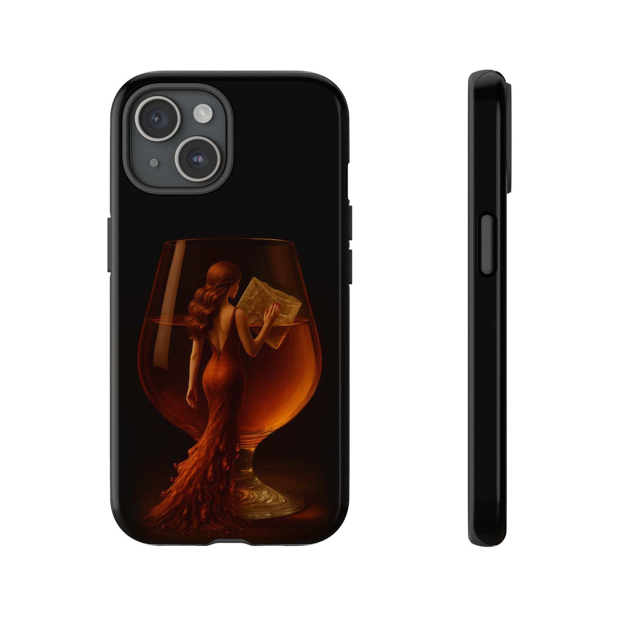 Glossy black phone case with lady holding a book graphic; rounded edges and camera cutout.
